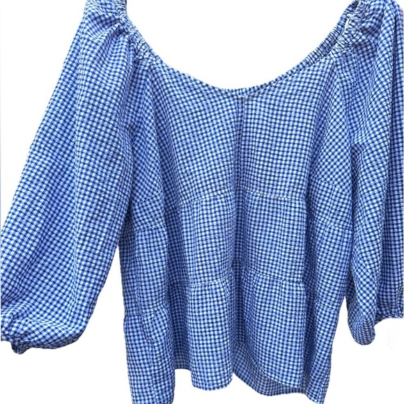 Blue Gingham Babydoll V-neck Tiered Women's Top - Picture 6 of 7